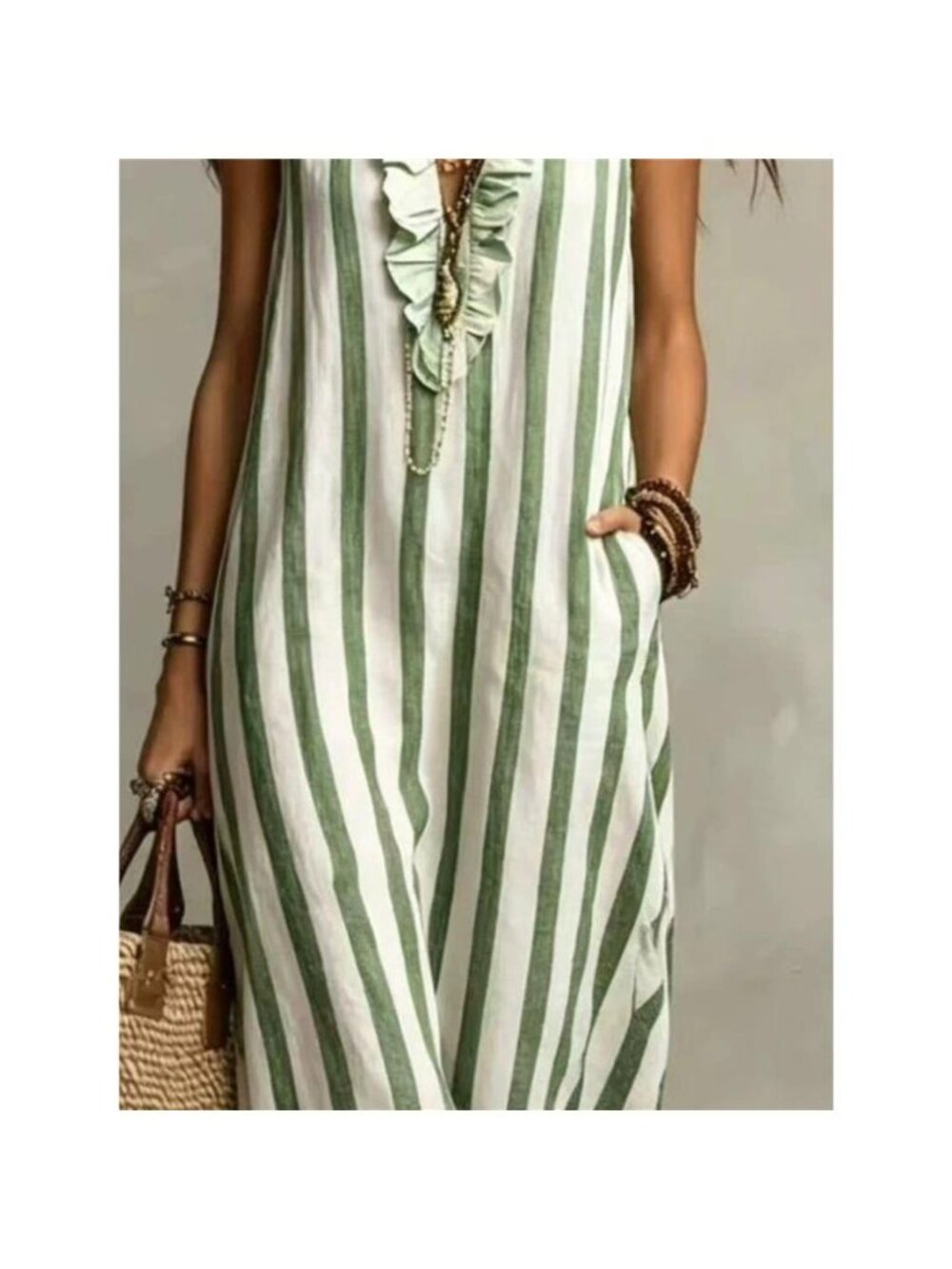 Full Size Sleeveless Striped Ruffle V-Neck Maxi Dress Plus Size